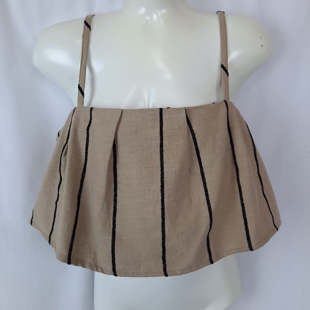 Honey Punch Boho Cottagecore Coastal Flowy Crop Halter Top, Medium Tan/Black NWT